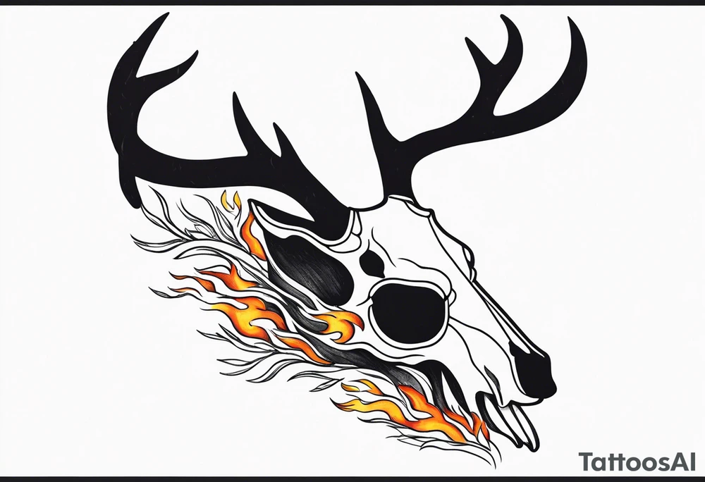 side view of a deer skull and neck JUST BONE surrounded by a flames and trees tattoo idea