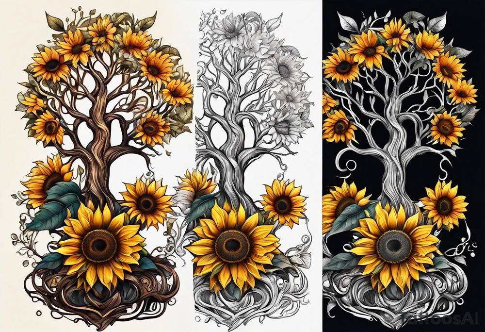 Feminine Yggdrasil tree with two sunflowers tattoo idea