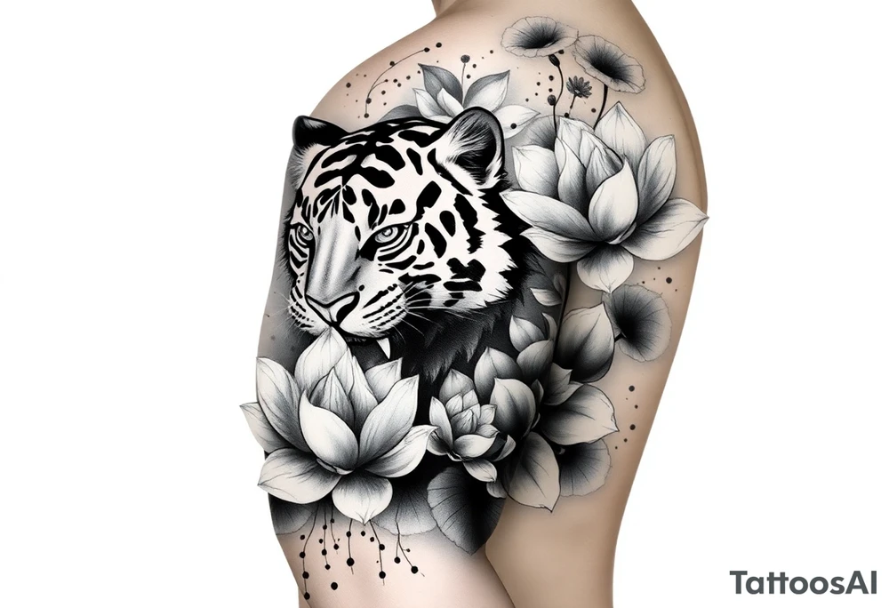 fierce tiger emerging through blooming lotus flowers in mist tattoo idea