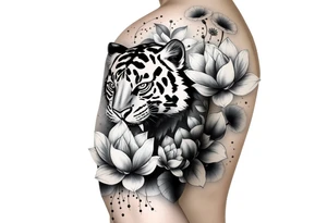 fierce tiger emerging through blooming lotus flowers in mist tattoo idea