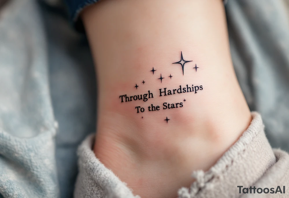 A simple black-ink tattoo wraps “Through Hardships To the Stars” around the ankle, with each word nestled between tiny violet stars. S tattoo idea