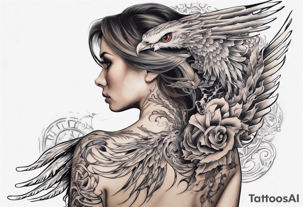 Sleeve tattoo on a woman's arm. Phoenix tattoo idea