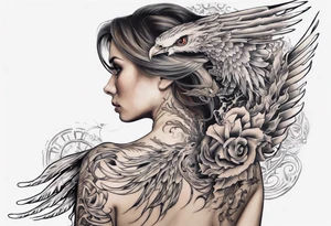 Sleeve tattoo on a woman's arm. Phoenix tattoo idea