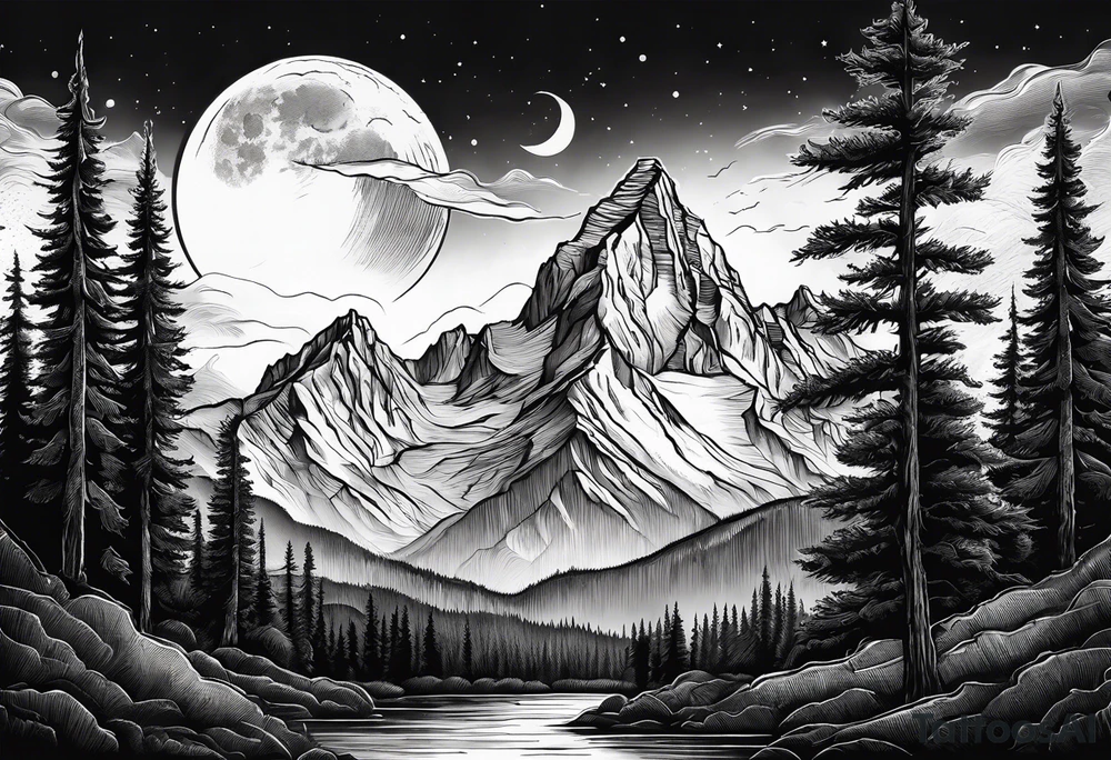 Half sleeve of Teton mountain range, moon In the sky and a few trees tattoo idea