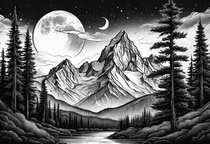 Half sleeve of Teton mountain range, moon In the sky and a few trees tattoo idea