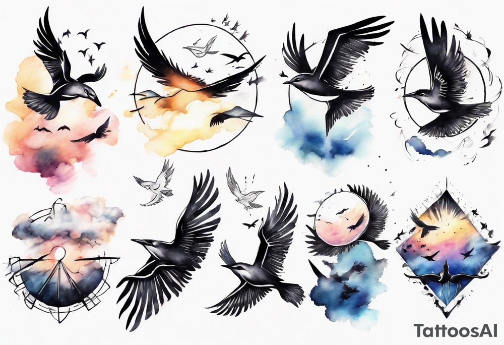 a shoulder tattoo with lots of rays of light in gradient starting from the middle
, clouds and birds flying free tattoo idea