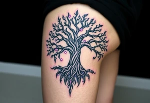 A massive Yggdrasil (Tree of Life) with cosmic roots and glowing veins, its branches stretching into a night sky filled with deep purple and silver stars tattoo idea