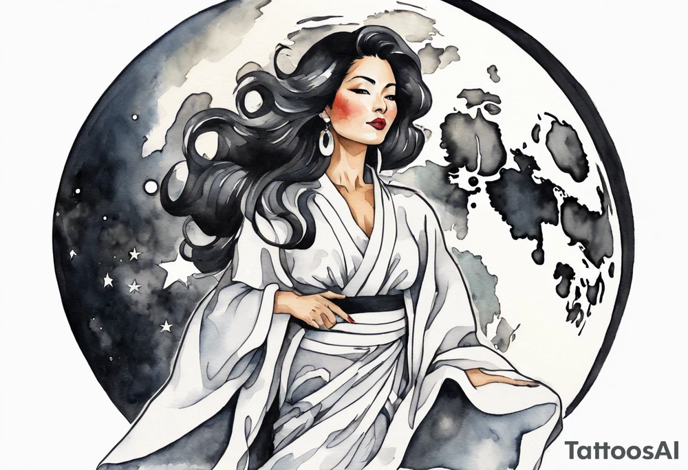 a watercolor of a beautiful 40-year-old latina woman wearing black and white robes standing on the moon tattoo idea