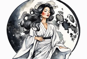 a watercolor of a beautiful 40-year-old latina woman wearing black and white robes standing on the moon tattoo idea