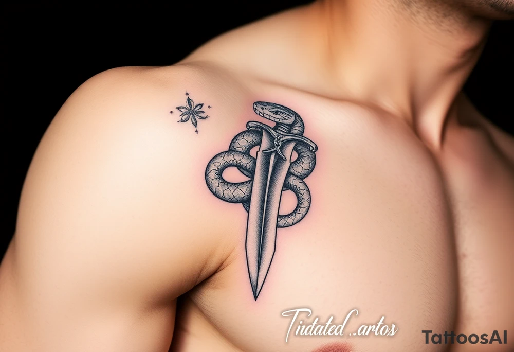 mystical snake coiled around an ancient dagger with jeweled hilt tattoo idea