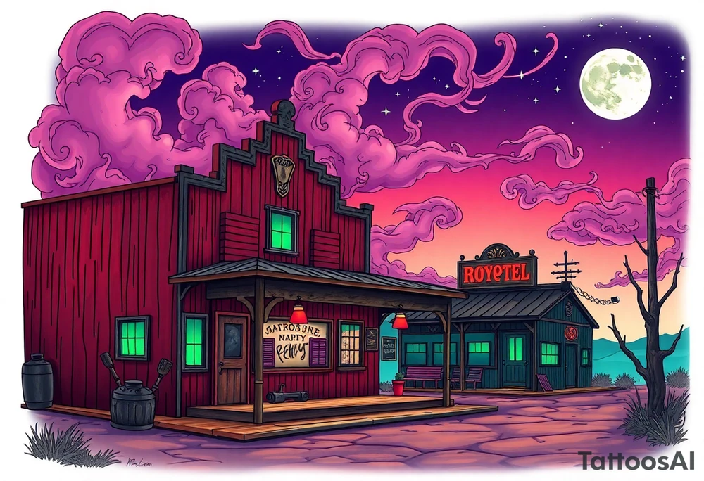 Tim Burton’s old western cowboy texas brothel r from outside view is the street abandoned and dripping with muted reds, dusty pinks, and eerie green glow purple and cyan smokey clouds swirl and dance in the moonlit night sky filled with twinkling stars  tattoo idea tattoo idea
