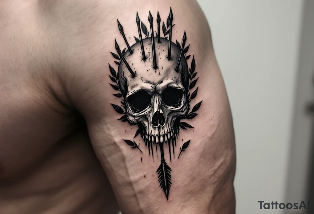 a skull whose head  stand out by needles and under the head come down an  arrow and surrounded  by two olive tree leaf around tattoo idea