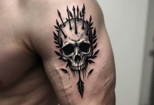 a skull whose head  stand out by needles and under the head come down an  arrow and surrounded  by two olive tree leaf around tattoo idea