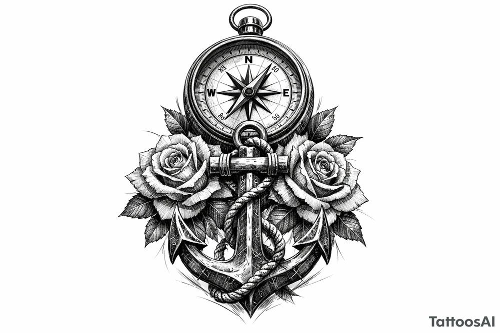a compass under it an anchor and roses. tattoo idea