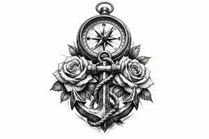 a compass under it an anchor and roses. tattoo idea