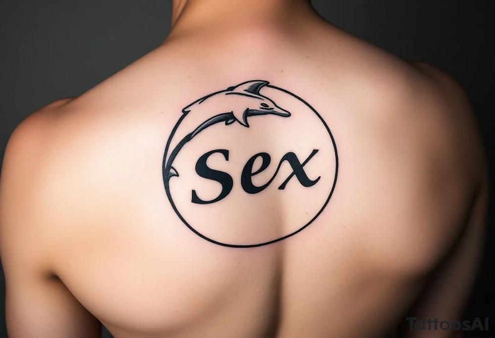 The word dolphin and the word sex written in cartoon writing in the shape of a circle tattoo idea