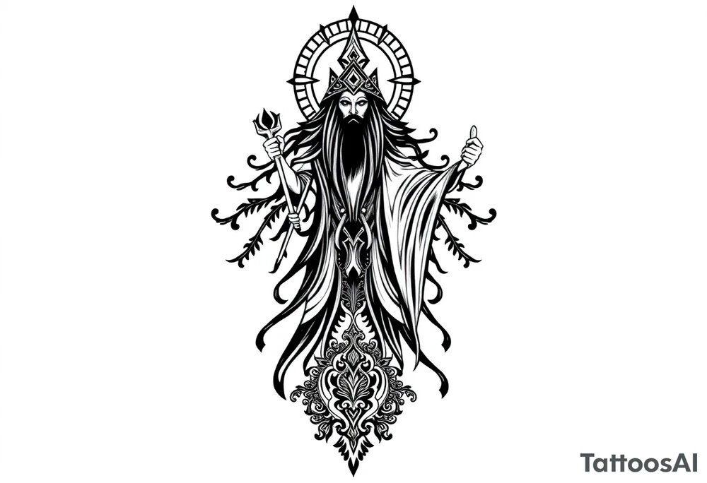 mystical dark and long ornament with shaman and witch mytolog and ancient rhyme tattoo idea