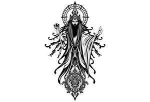 mystical dark and long ornament with shaman and witch mytolog and ancient rhyme tattoo idea