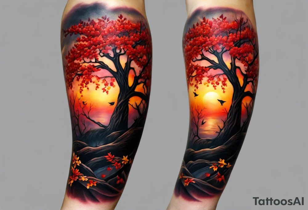 Arm tattoo. Long tattoo. Full sleeve. Shoulder. A maple tree with red autumn leaves that branches upwards. White-throated dipper bird on the trees branches. Calluna flowers at the base of the trees stem. Tree stem has dark colors. Red/yellow sunset behind the trees stem. Leaves falling. tattoo idea