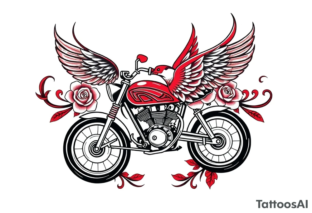 Motorcycle, red bird flying, roses and lace, flames tattoo idea