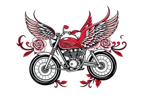 Motorcycle, red bird flying, roses and lace, flames tattoo idea