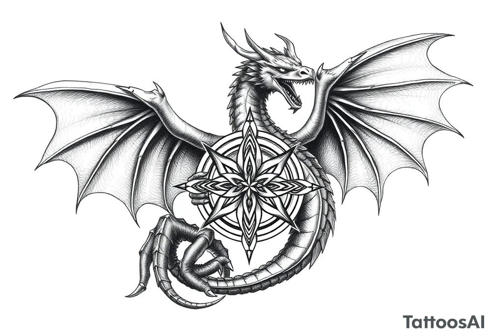 Masculine beautiful realistic dragon holding celtic star tattoo idea