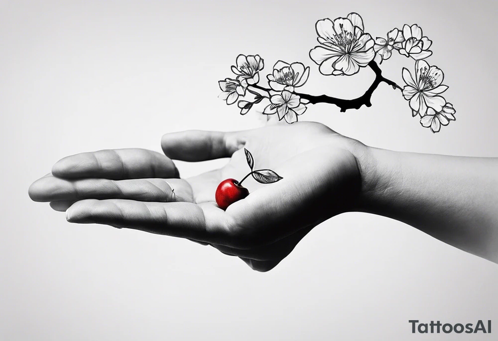 i have a human hand pointing at a skeleton hand tattoo on my left shoulder, the human hand is on the left and ends 3 cm into the wrist of the hand, i want a cherry blossom branch to sprout out of the wrist on the tattoo, then travel down to my arm and wrap around my bicep once, this bit can be floral, then it needs to narrow down and fit through a 7 cm gap in on my forearm then eventually ending in a 10 cm gap on my wrist, this gap can be filled with more blossom flora, this tattoo needs to go all the way down my arm so it needs to be long, the tattoo will start at my shoulder and go all the way down my arm tattoo idea