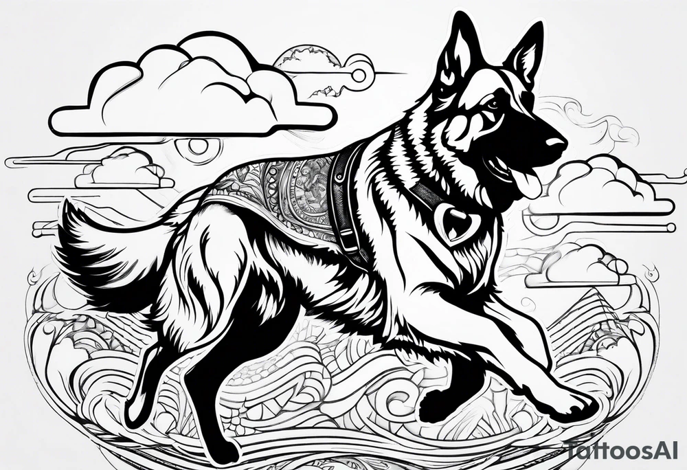 German Shepherd running into the clouds. tattoo idea