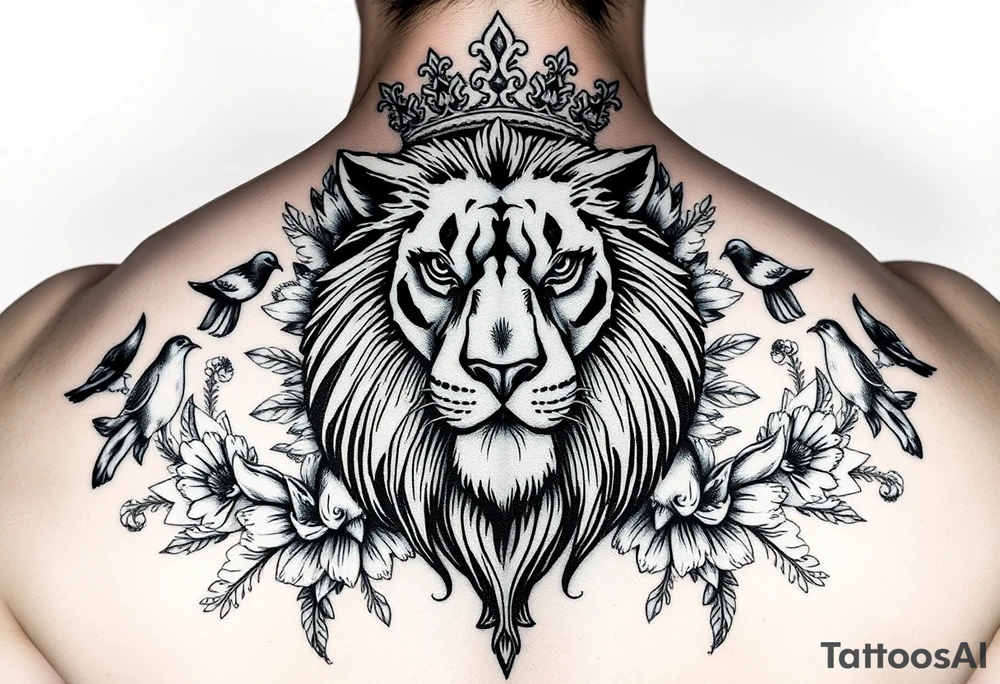 powerful majestic lion with a crown, surrounded by floral ornaments and birds tattoo idea