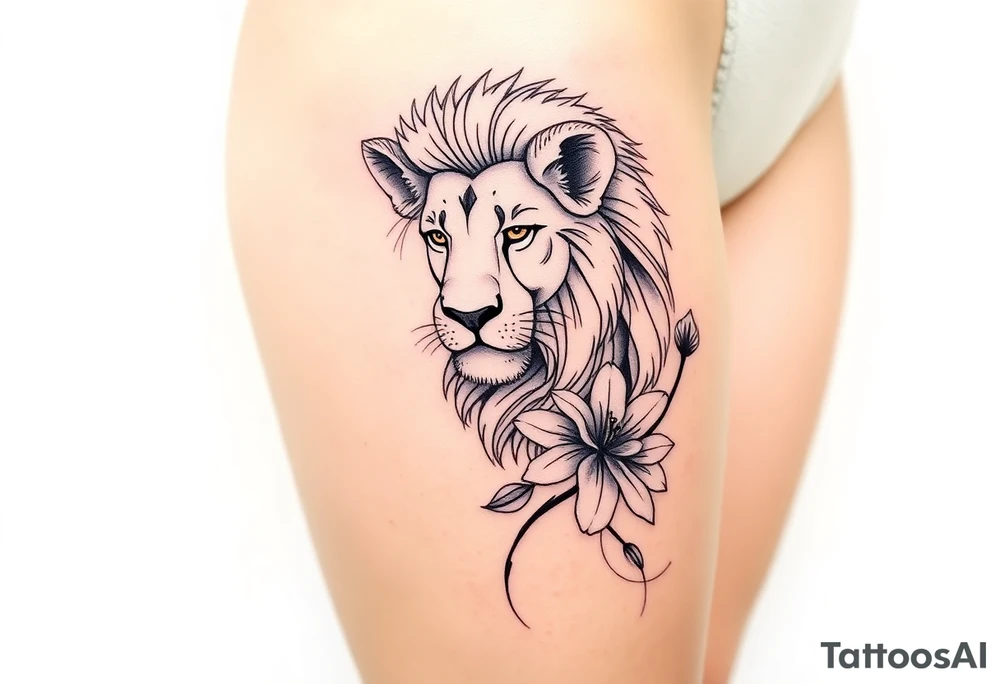 Lion with larkspur and water lilies tattoo idea