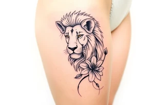 Lion with larkspur and water lilies tattoo idea