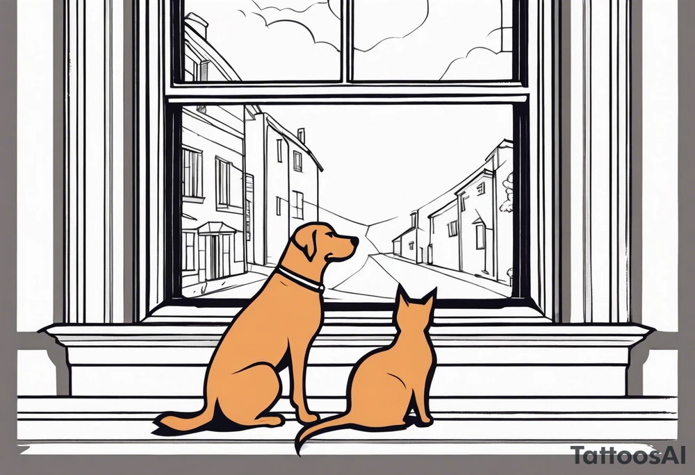 dog and cat sitting on floor and looking out tall octagonal window together tattoo idea