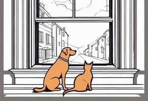dog and cat sitting on floor and looking out tall octagonal window together tattoo idea