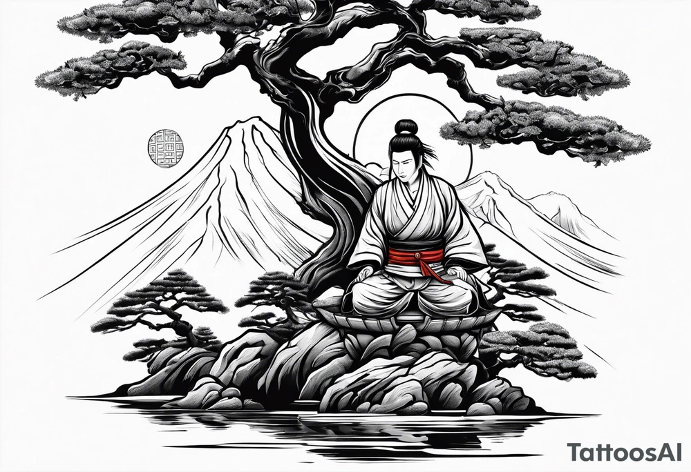samurai and bonsai tree in japan tattoo idea