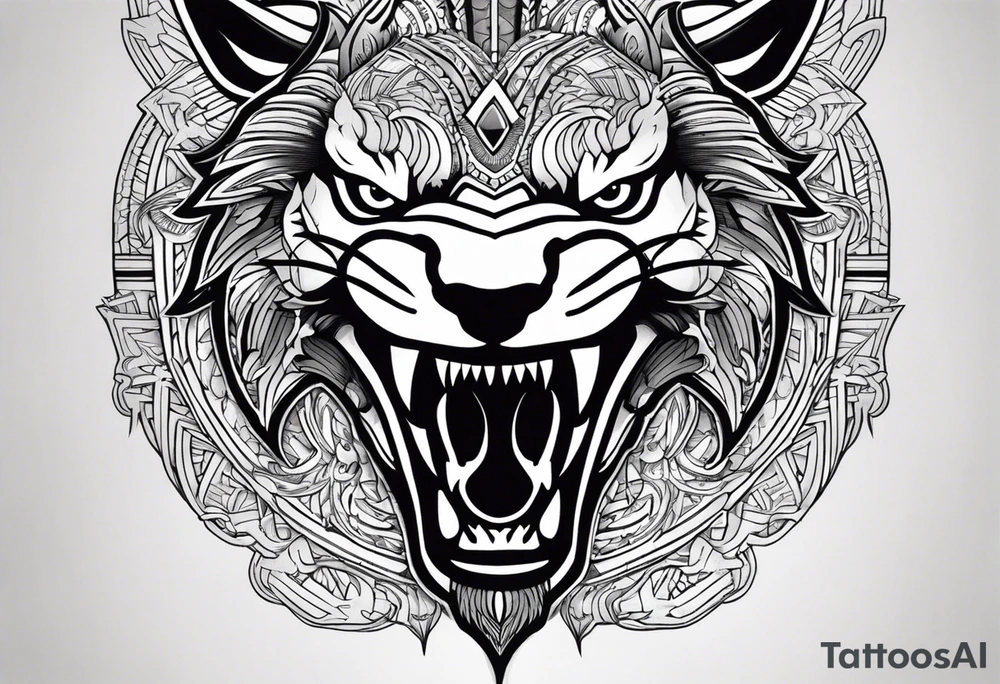 A tattoo designed for the knee, featuring the face of a mitological beast with wild, exaggerated features, such as sharp fangs, intense eyes, and a snarling expression. The design incorporates large areas of white space for contrast, with beams of light or energy radiating outward from the beast’s eyes in a chaotic and powerful pattern. The overall look should be bold and primal, with flowing lines that adapt naturally to the curvature of the knee. tattoo idea