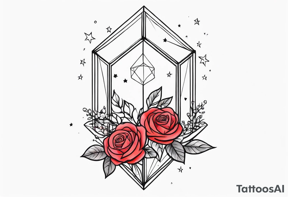 Vertically elongated tesseract with small roses and stars around it tattoo idea