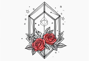Vertically elongated tesseract with small roses and stars around it tattoo idea