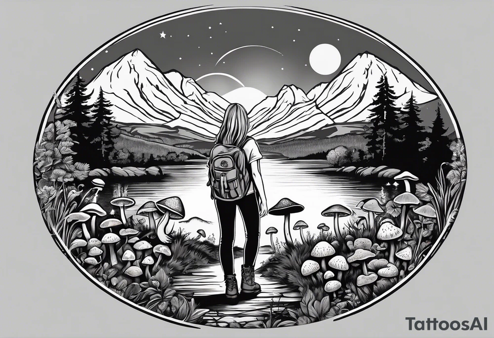 Whole picture within a circle Straight long blonde hair hippie girl in distance holding mushrooms in hand facing away toward mountains and creek surrounded by mushrooms tee shirt hiking pants hiking boots tattoo idea