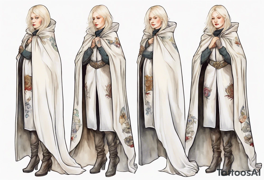 platinum blonde woman in her 40s wearing white medieval cloak and boots tattoo idea