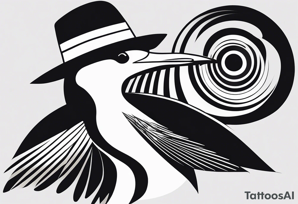 Black and white silhouette illustration of a seagull (albatross) with a human body, wearing sunglasses and a hat. The bird’s wings and head are shown in dynamic, stylized shapes, while its human body is positioned confidently, holding a camera. The design is playful and minimalistic, with clean lines defining the figure and accessories. The background features abstract, simplified shapes of a serene beach and a clear sky, creating a sense of relaxation and adventure. The silhouette emphasizes the whimsical character of the scene, with strong contrasts to highlight the unique design. tattoo idea