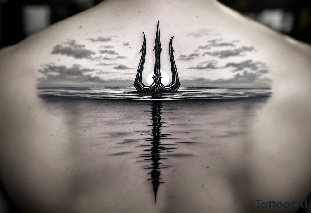 trident half way under calm water with sunset tattoo idea