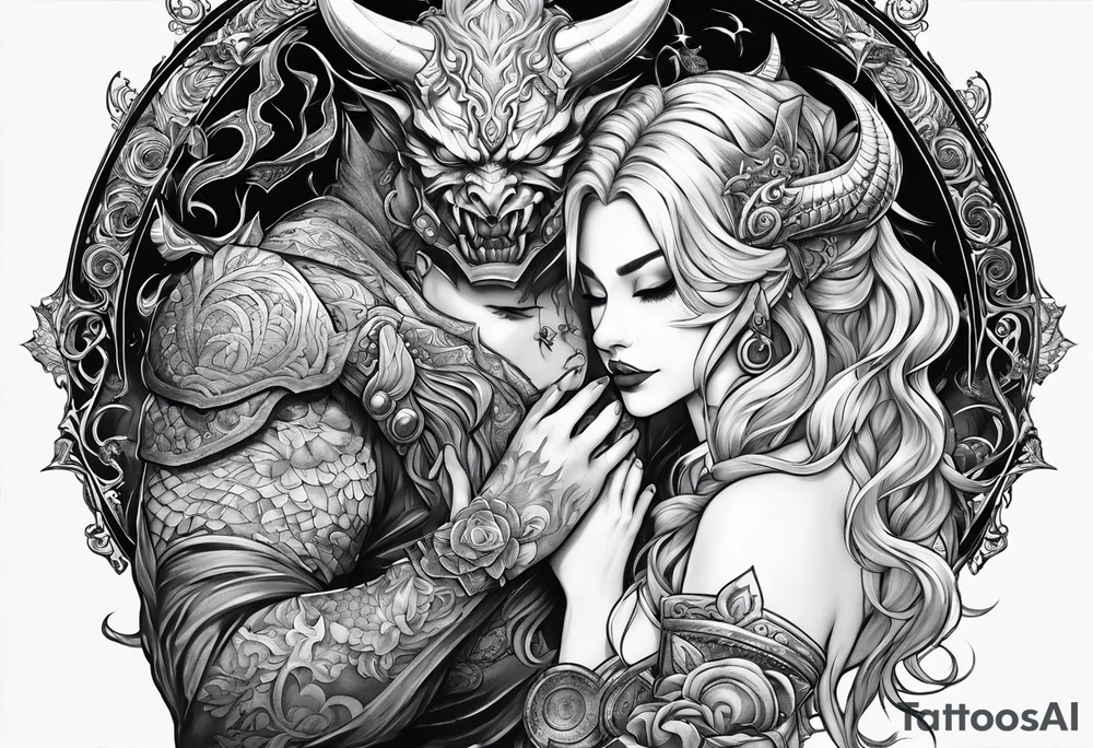 Demon embracing a girl with a power reader over 9000 tattoo idea