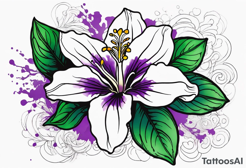 An outline of a rio dipladenia flower with a green/purple watercolor splash in the background tattoo idea