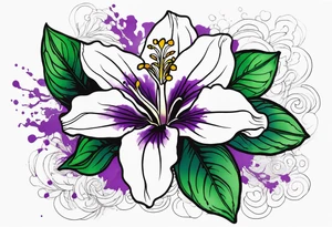 An outline of a rio dipladenia flower with a green/purple watercolor splash in the background tattoo idea