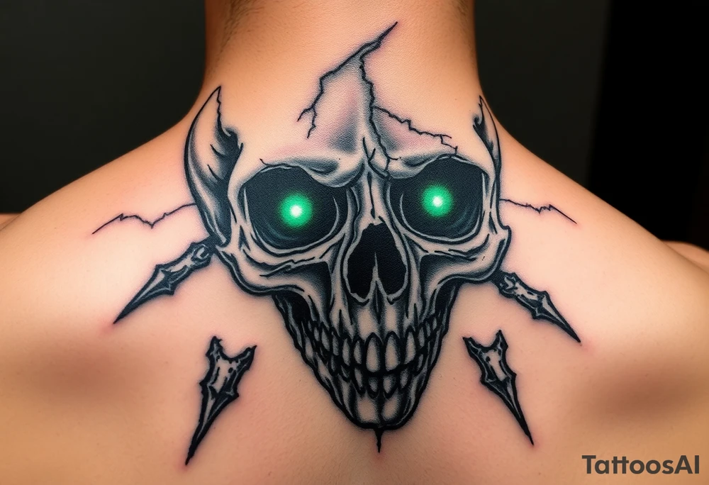 Close-up of a cracked skull with glowing emerald eyes, dark fantasy art. tattoo idea