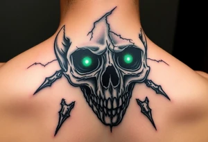 Close-up of a cracked skull with glowing emerald eyes, dark fantasy art. tattoo idea