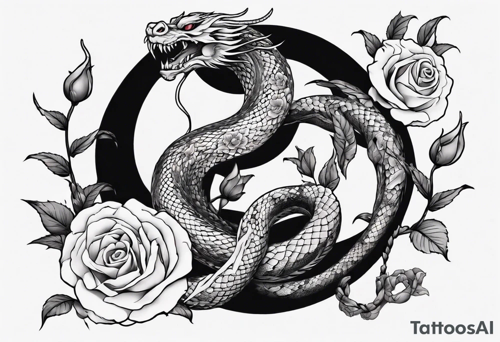 snake Japanese dragon with moon and roses tattoo idea