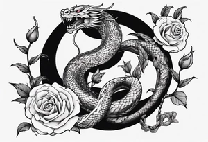 snake Japanese dragon with moon and roses tattoo idea