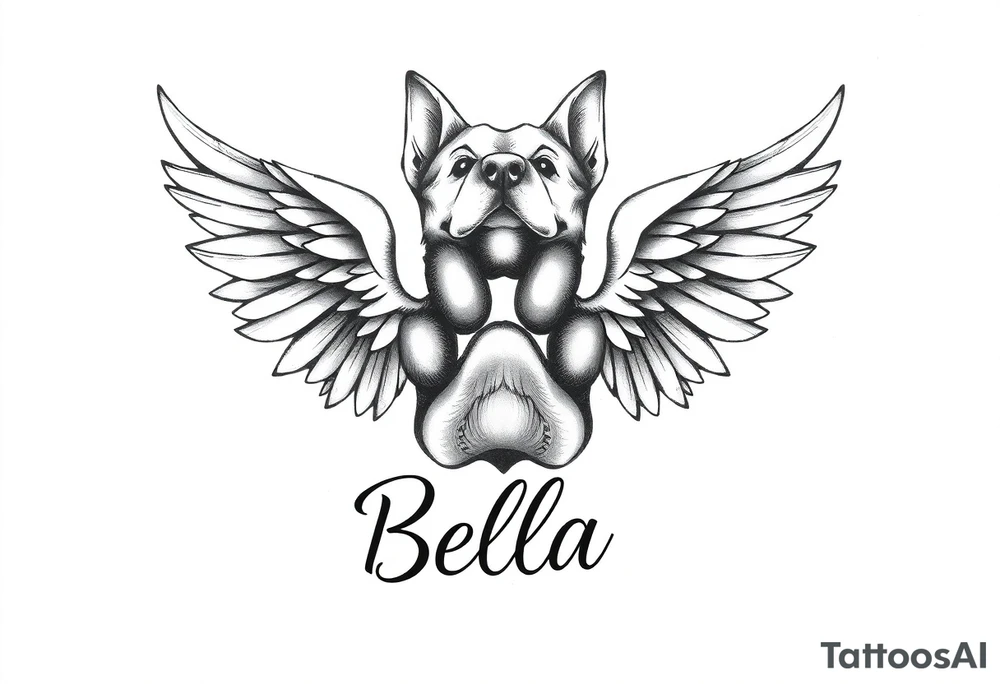 Dog print with angel wings and the name Bella tattoo idea