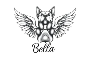 Dog print with angel wings and the name Bella tattoo idea